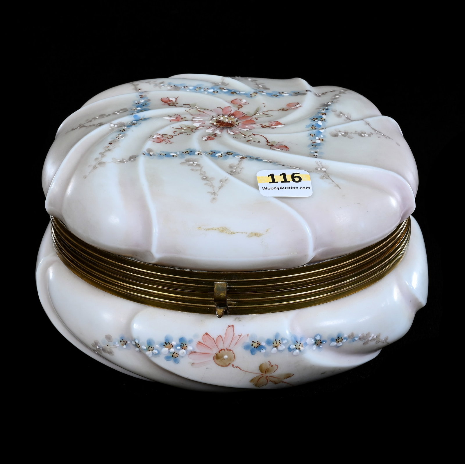 Dresser Box, Wave Crest Banner Mark: Dresser Box, Wave Crest Banner Mark, 3.75" x 7", Pink And White Swirl, Pink And Blue Floral Decor, Texas Private Collection.
