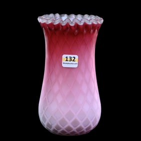 Celery Vase, Pink Satin Diamond Quilted Mother Of Pearl Art Glass