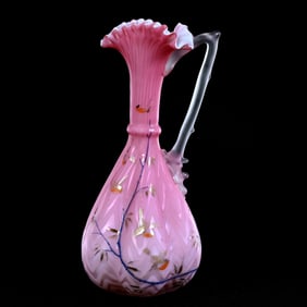 Ewer, Pink Satin Herringbone Mother Of Pearl Art Glass