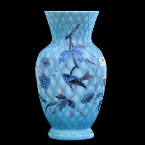 Vase, Blue Satin Cut Velvet Diamond Quilted Art Glass