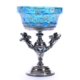 Victorian Brides Basket, Blue Coinspot Art Glass Bowl With Extensive Enamel Floral Decor