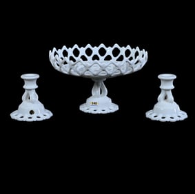 Console Set, Three Piece, Milk Glass Doric Lace Pattern By Westmoreland