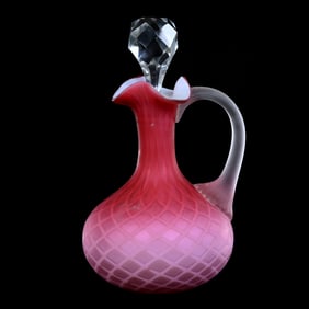 Cruet Bottle, Pink Satin Diamond Quilted Mother Of Pearl Art Glass