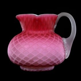 Pitcher, Pink Satin Diamond Quilted Mother Of Pearl Art Glass