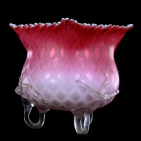 Footed Vase, Pink Satin Diamond Quilted Mother Of Pearl Art Glass