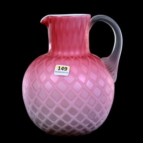 Pitcher, Pink Satin Diamond Quilted Mother Of Pearl Art Glass