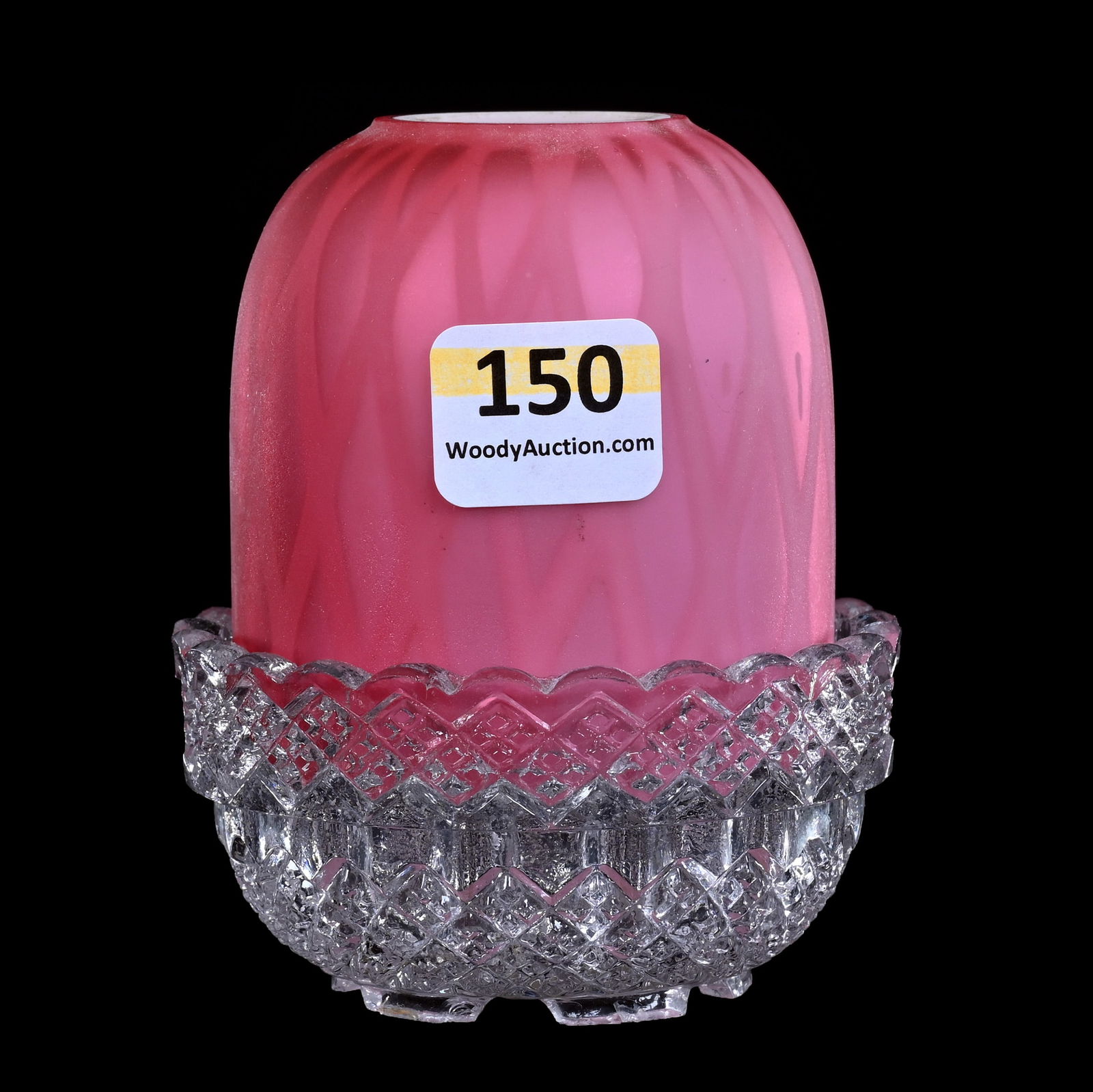 Fairy Lamp, Pink Satin Diamond Quilted Mother Of Pearl Art Glass Shade: Fairy Lamp, Pink Satin Diamond Quilted Mother Of Pearl Art Glass Shade, 3.5" x 2.75", Set On Clear Clark's Base, Missouri Private Collection.