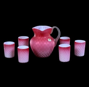 Water Set, Pink Satin Diamond Quilted Mother Of Pearl Art Glass