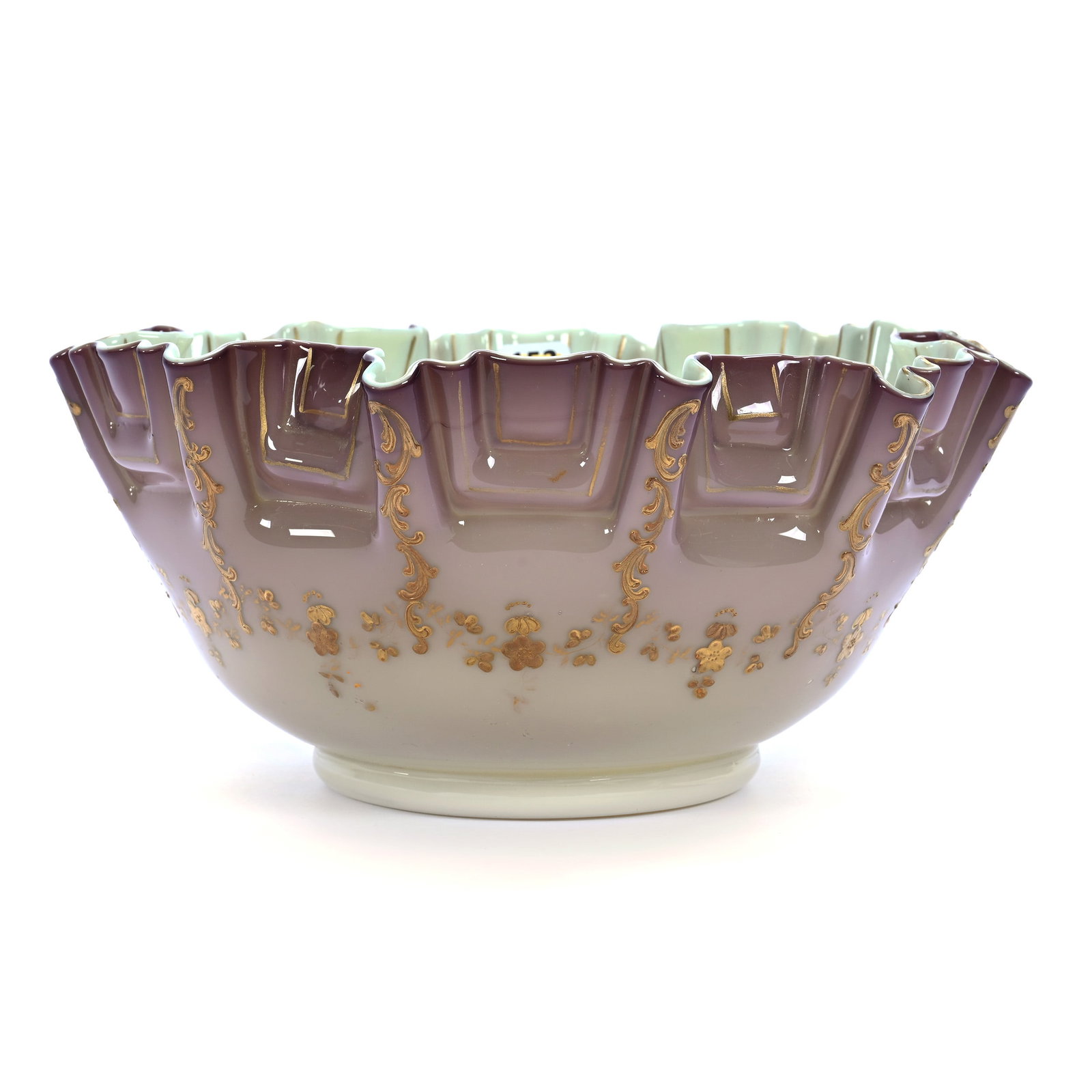 Brides Bowl, Cased Art Glass, Lavender Shading To White: Brides Bowl, Cased Art Glass, Lavender Shading To White, 5" x 10", Pleated And Crimped Border, Gold Enamel Floral Decor, Base Diameter Of 4.75", This Bowl Is Featured Most Commonly With The Meriden #0