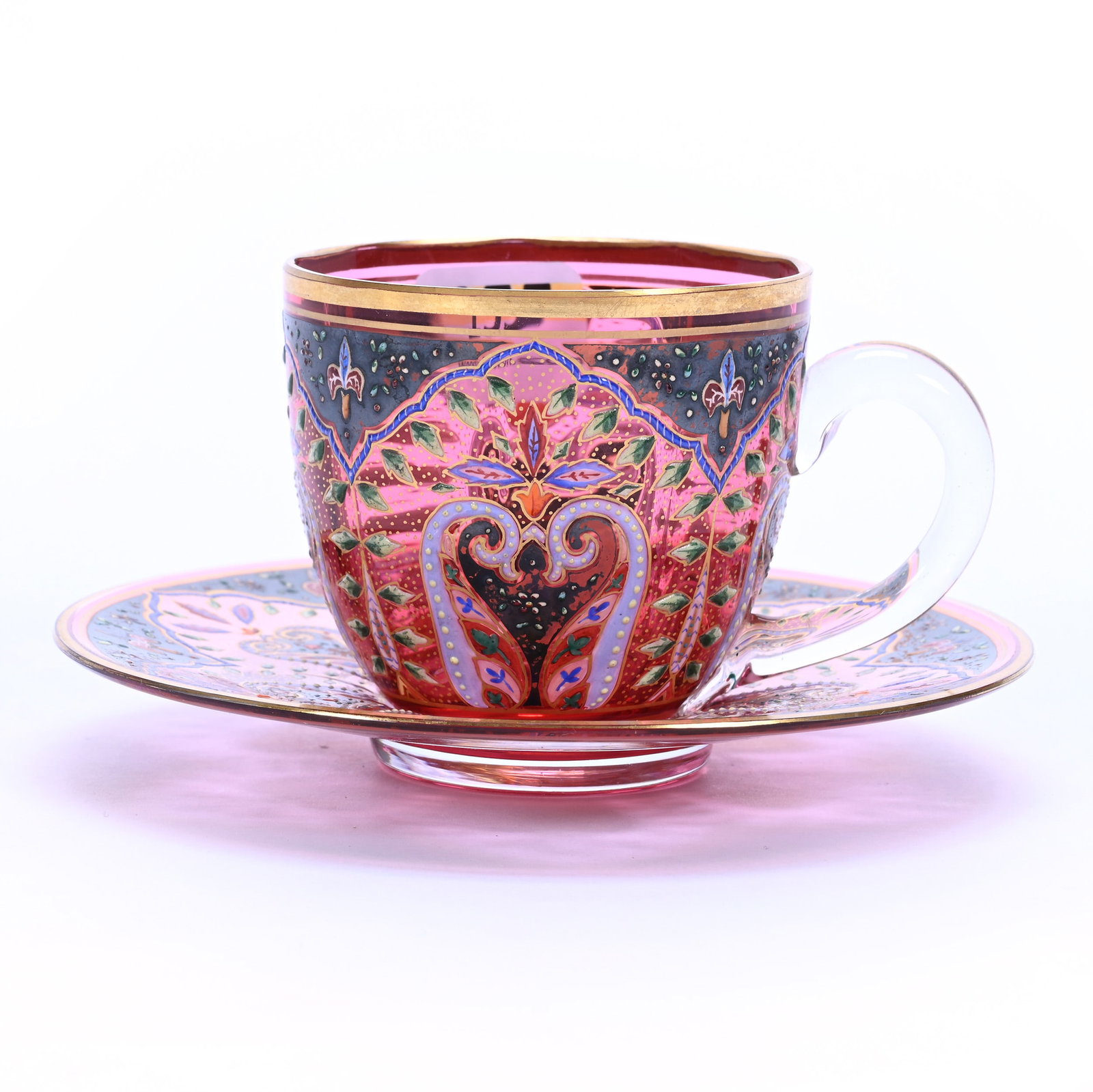 Cup And Saucer, Unmarked Moser Cranberry Art Glass: Cup And Saucer, Unmarked Moser Cranberry Art Glass, 2.5" x 4.5", Elaborate Enamel Floral Decor, Extra Nice, Missouri Private Collection.