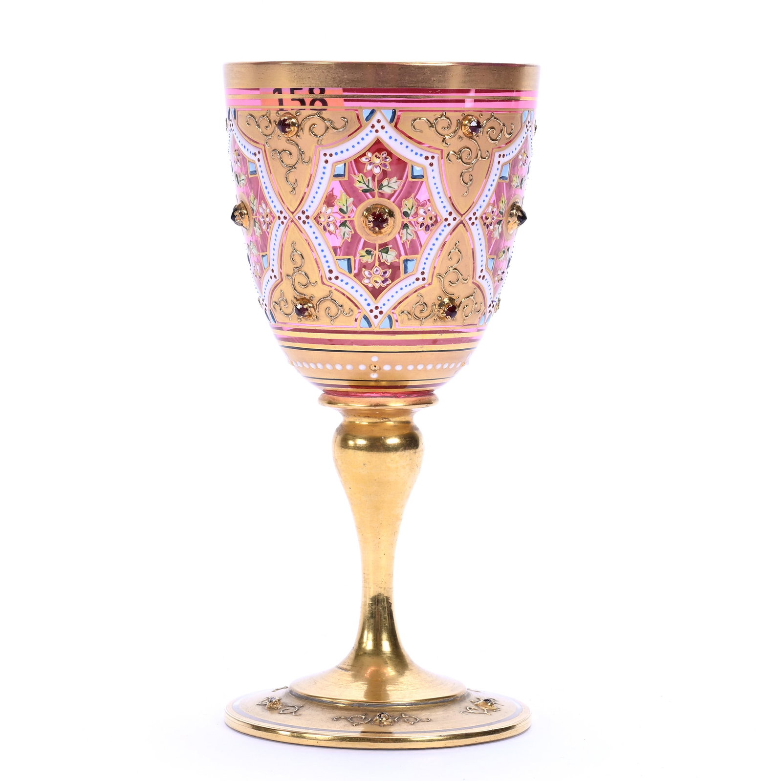 Wine Stem, Unmarked Moser Cranberry Art Glass: Wine Stem, Unmarked Moser Cranberry Art Glass, 4.25" x 2.5", Extreme Gold And Jewel Highlights, Missouri Private Collection.