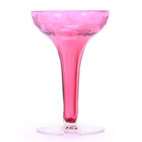 Champagne, Hollow Stem, Cased Cranberry Body With Engraved Vintage Motif