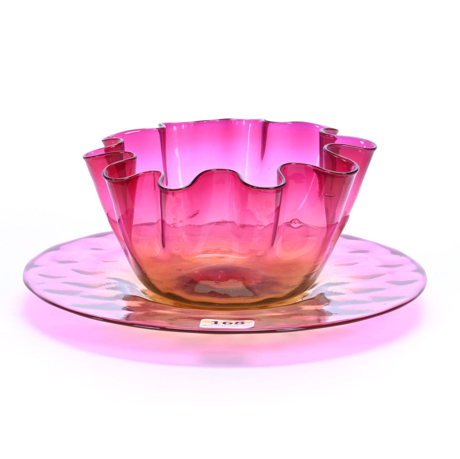Finger Bowl And Underplate, Amberina Art Glass: Finger Bowl And Underplate, Amberina Art Glass, 2.5" x 7", Colors Are Nearly Alexandrite, Verl Timm Collection, Colorado.
