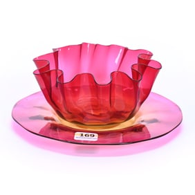 Finger Bowl And Underplate, Amberina Art Glass