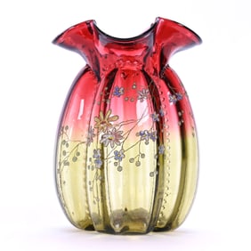 Bag Vase, Rubina Verde Art Glass, Enamel Floral Decor