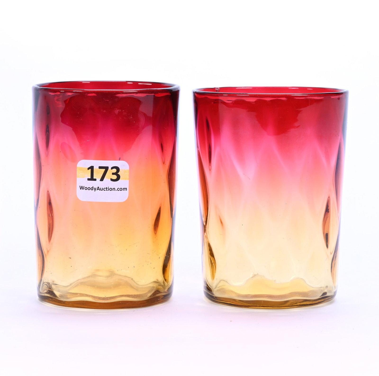 (2) Tumblers, Amberina Art Glass, Diamond Quilted: (2) Tumblers, Amberina Art Glass, Diamond Quilted, (1) 3.75" x 2.5", (1) 3.625" x 2.75", Verl Timm Collection, Colorado.