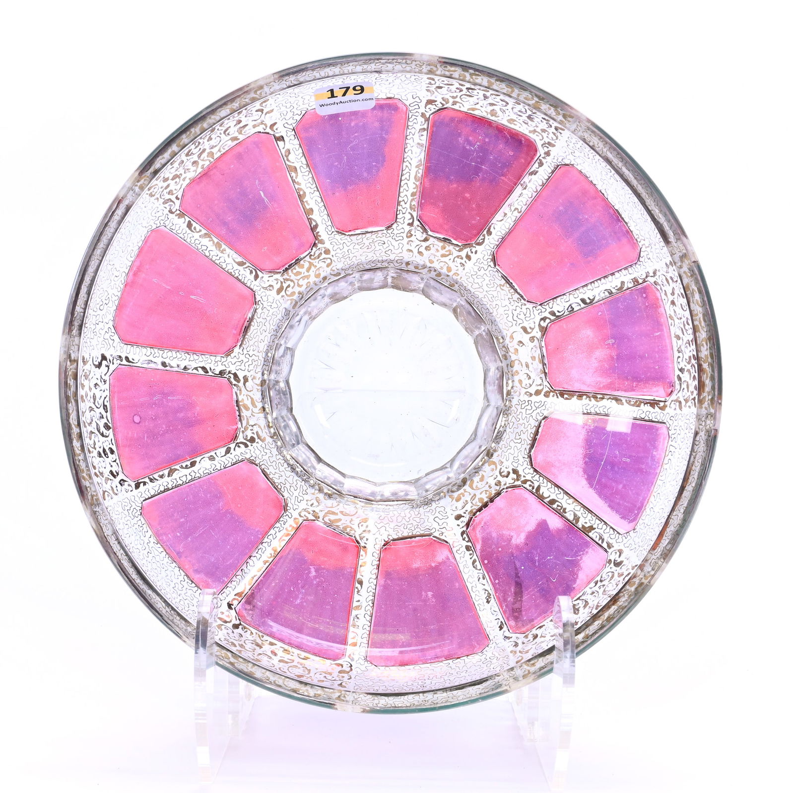 Bowl, Unmarked Moser Art Glass, Clear With Cranberry Cabochons (1 of 6)