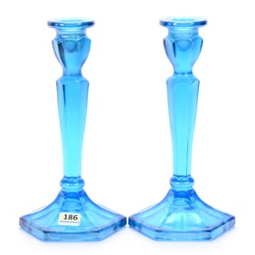 Pair Candlesticks, Celeste Blue Carnival Glass, Colonial Pattern By Northwood