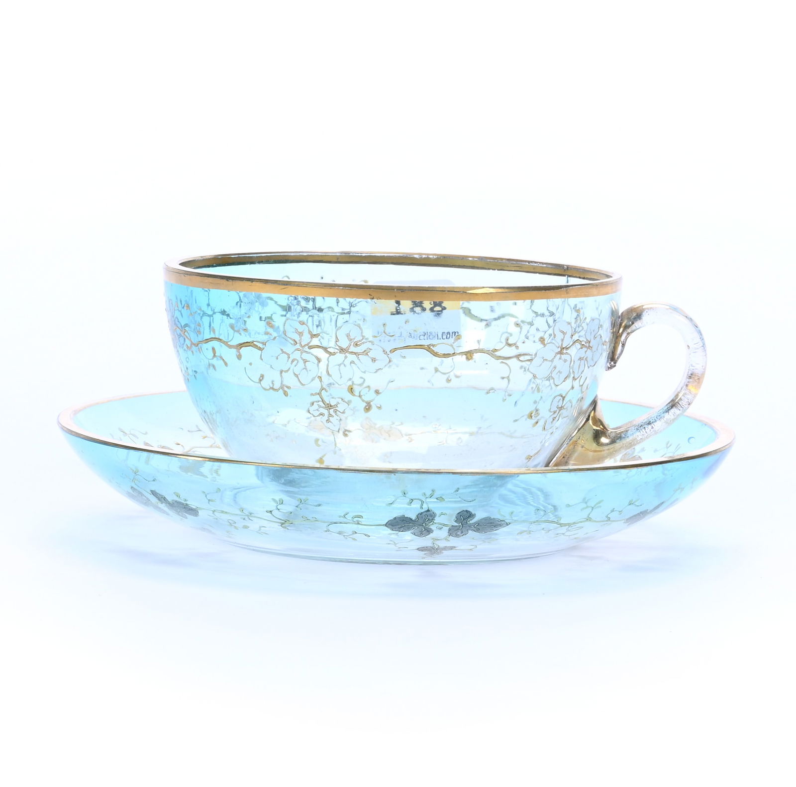 Large Cup And Saucer, Unmarked Moser Art Glass, Blue Shading To Clear (1 of 3)