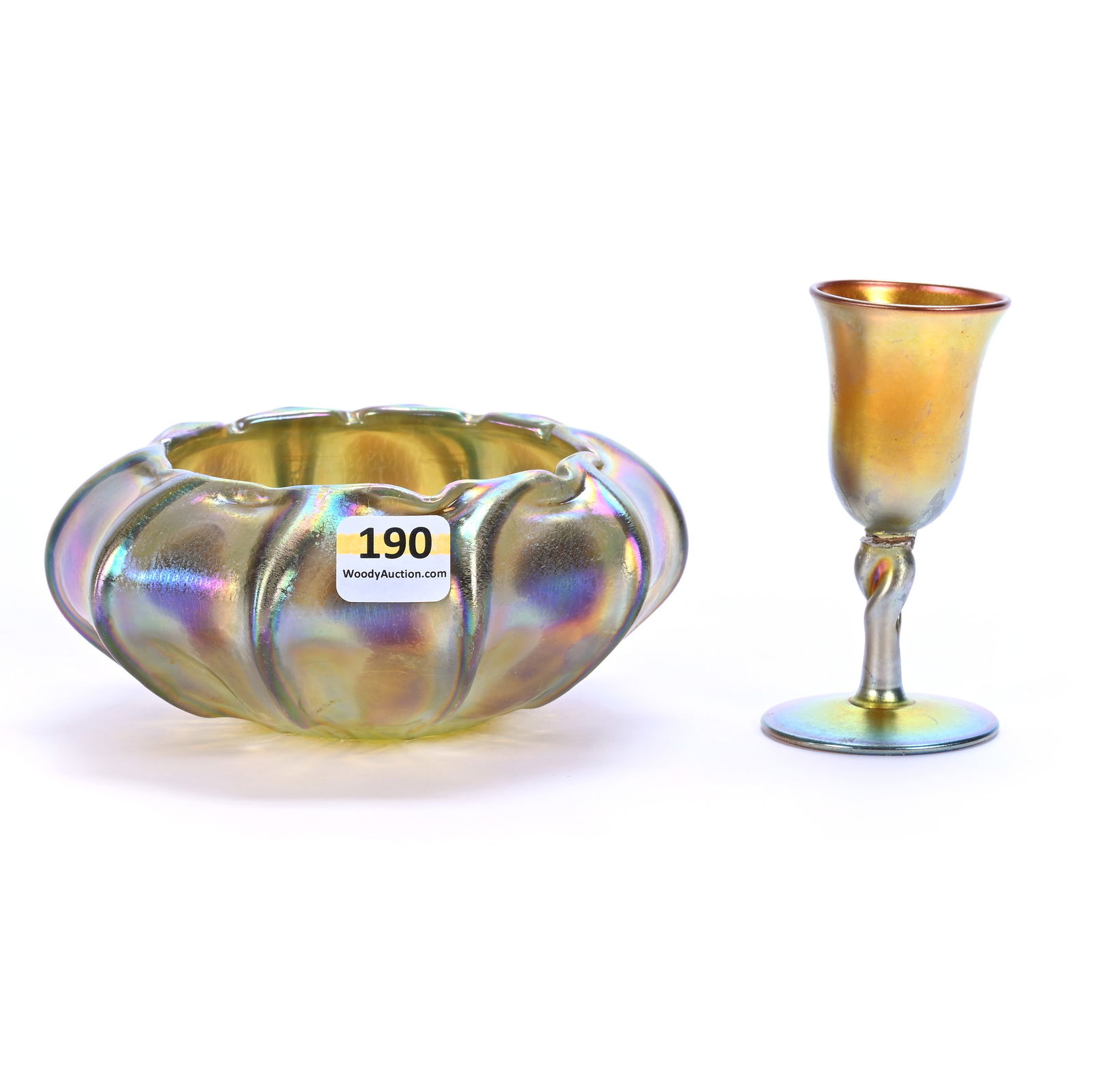 (2) Gold Iridescent Art Glass Items: (2) Gold Iridescent Art Glass Items, (1) 3.75" x 2" Signed Aurene #1967 By Steuben, Serious Stem Repair, (1) 2.25" x 5.5" Ribbed Bowl, Unmarked, Unidentified, Verl Timm Collection, Colorado.