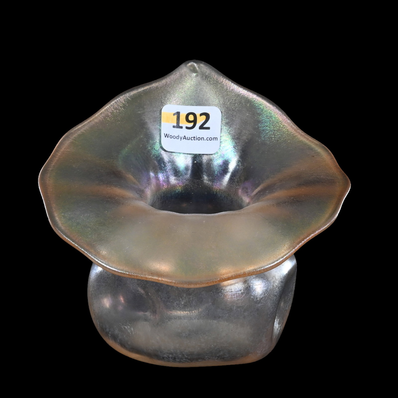 Vase, Jack In Pulpit Shape, Iridescent Marigold Art Glass: Vase, Jack In Pulpit Shape, Iridescent Marigold Art Glass, 4" x 4.25", Unidentified, Polished Pontil Base, Verl Timm Collection, Colorado.