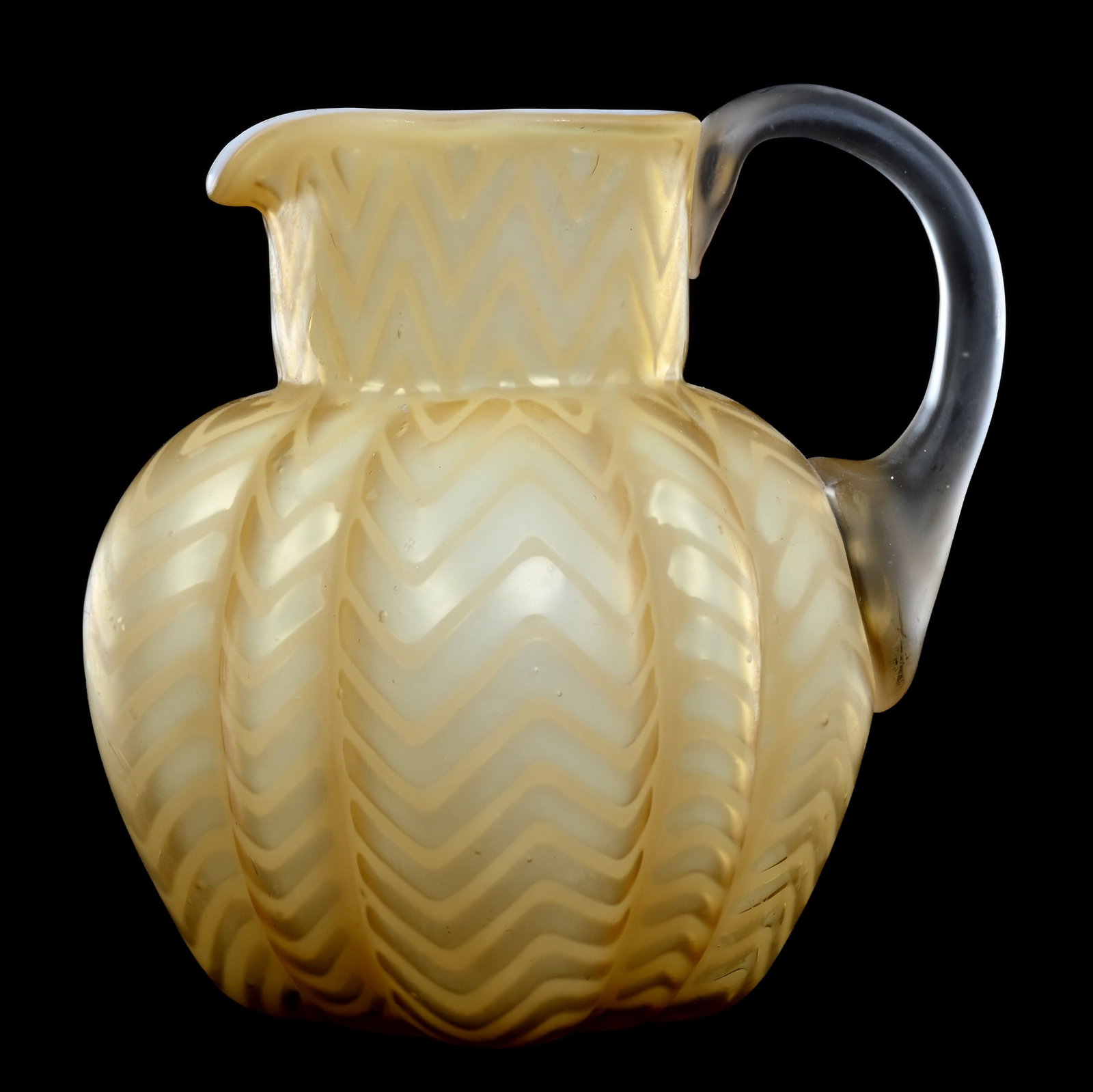 Pitcher, Yellow Herringbone Mother Of Pearl Art Glass: Pitcher, Yellow Herringbone Mother Of Pearl Art Glass, 5.75" x 5.5", Frosted Applied Handle, Polished Pontil Base, Verl Timm Collection, Colorado.