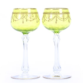 Pair Wine Stems, Green Bowl With Acid Etched And Gilded Highlights