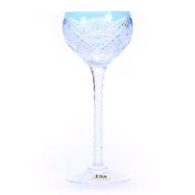 Wine Stem, Brilliant Period Cut Glass, Light Blue Cut To Clear, Hobstar And Diamond Motif