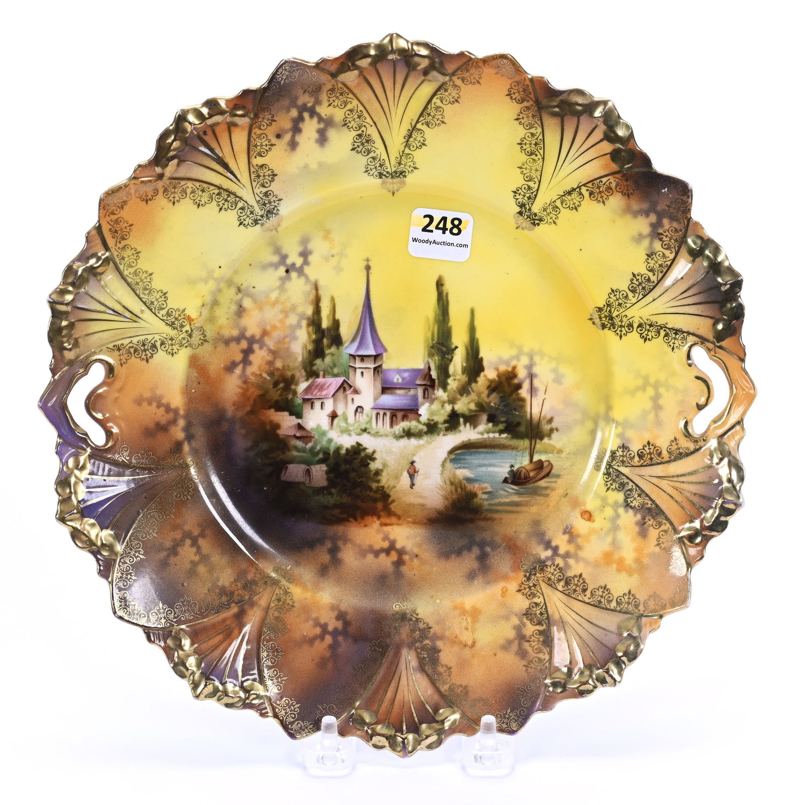 Cake Plate Marked R.S. Prussia, Castle Scenic Decor: Cake Plate Marked R.S. Prussia, Castle Scenic Decor, 10", Brown, Yellow And Lavender Tones, Margaret Timm Collection, Colorado.