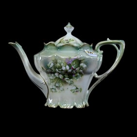 Tea Pot Marked R.S. Prussia, Green And White Luster With Floral Decor