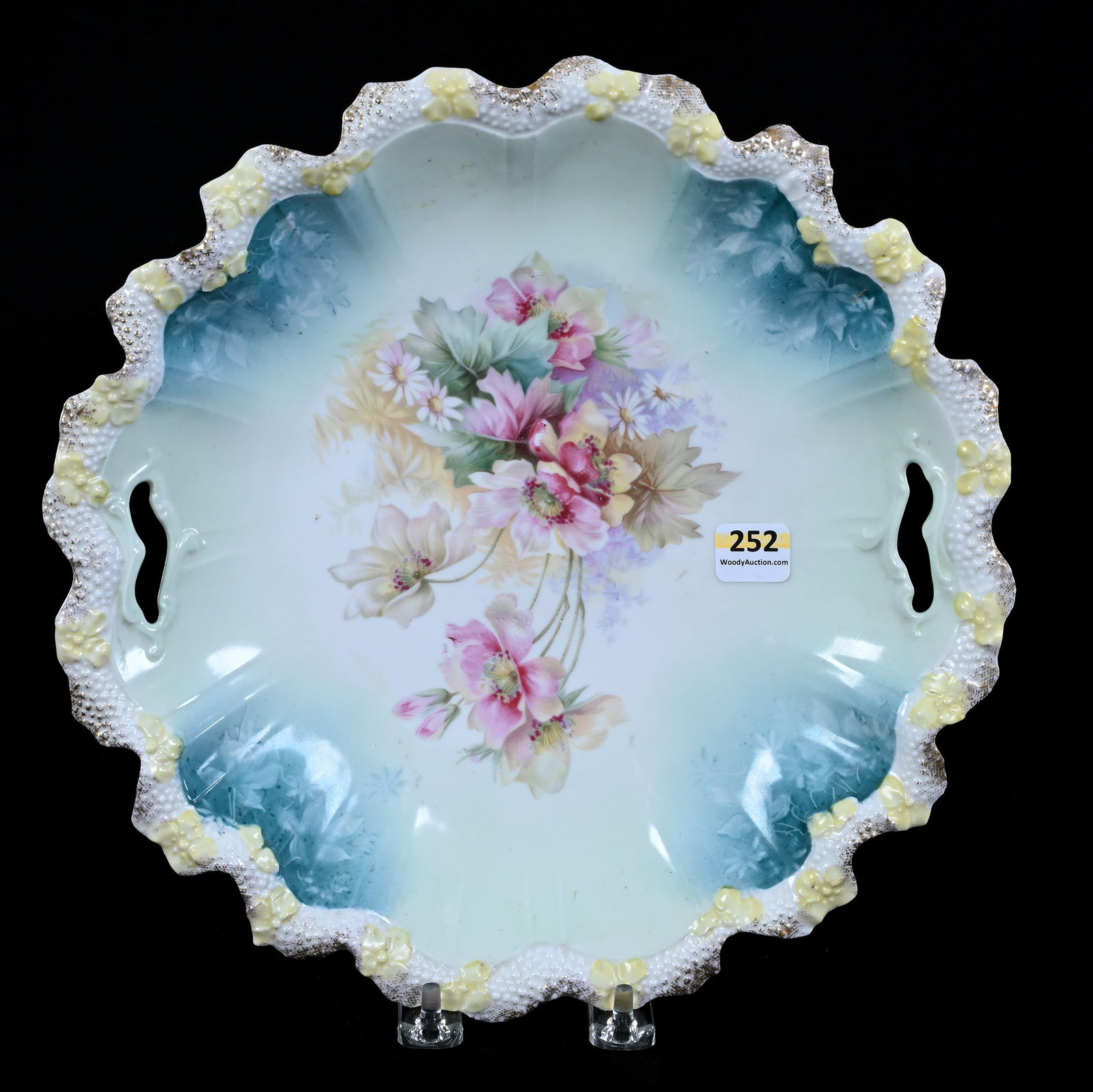 Cake Plate, Unmarked R.S. Prussia: Cake Plate, Unmarked R.S. Prussia, 11", Stipple Mold, Green And White Tones, Wild Floral Decor, Margaret Timm Collection, Colorado.