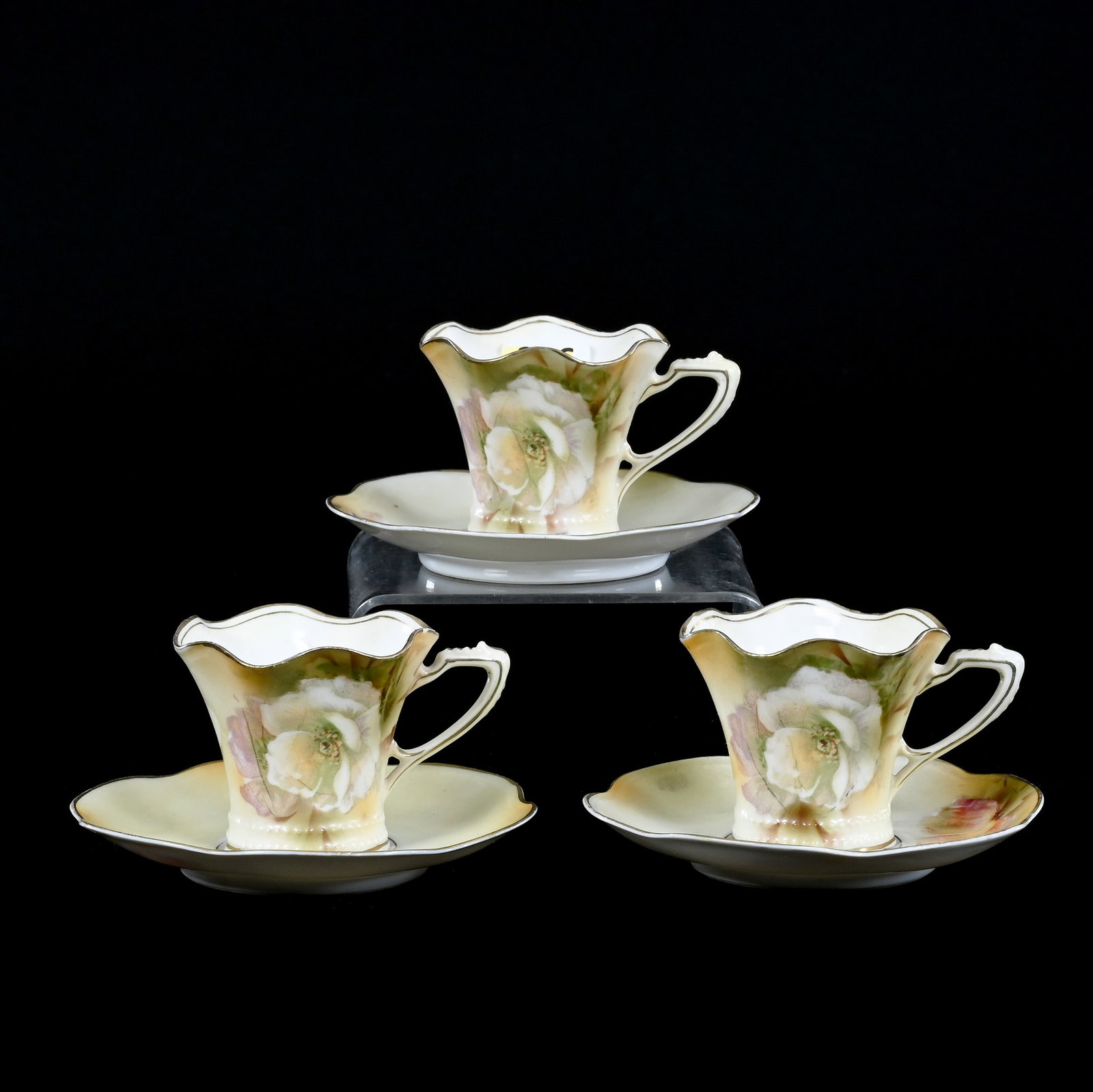 (3) Demitasse Cups And Saucers Marked R.S. Prussia: (3) Demitasse Cups And Saucers Marked R.S. Prussia, 2" x 4.25", Cream And Green Tones, Poppy Decor, Margaret Timm Collection, Colorado.