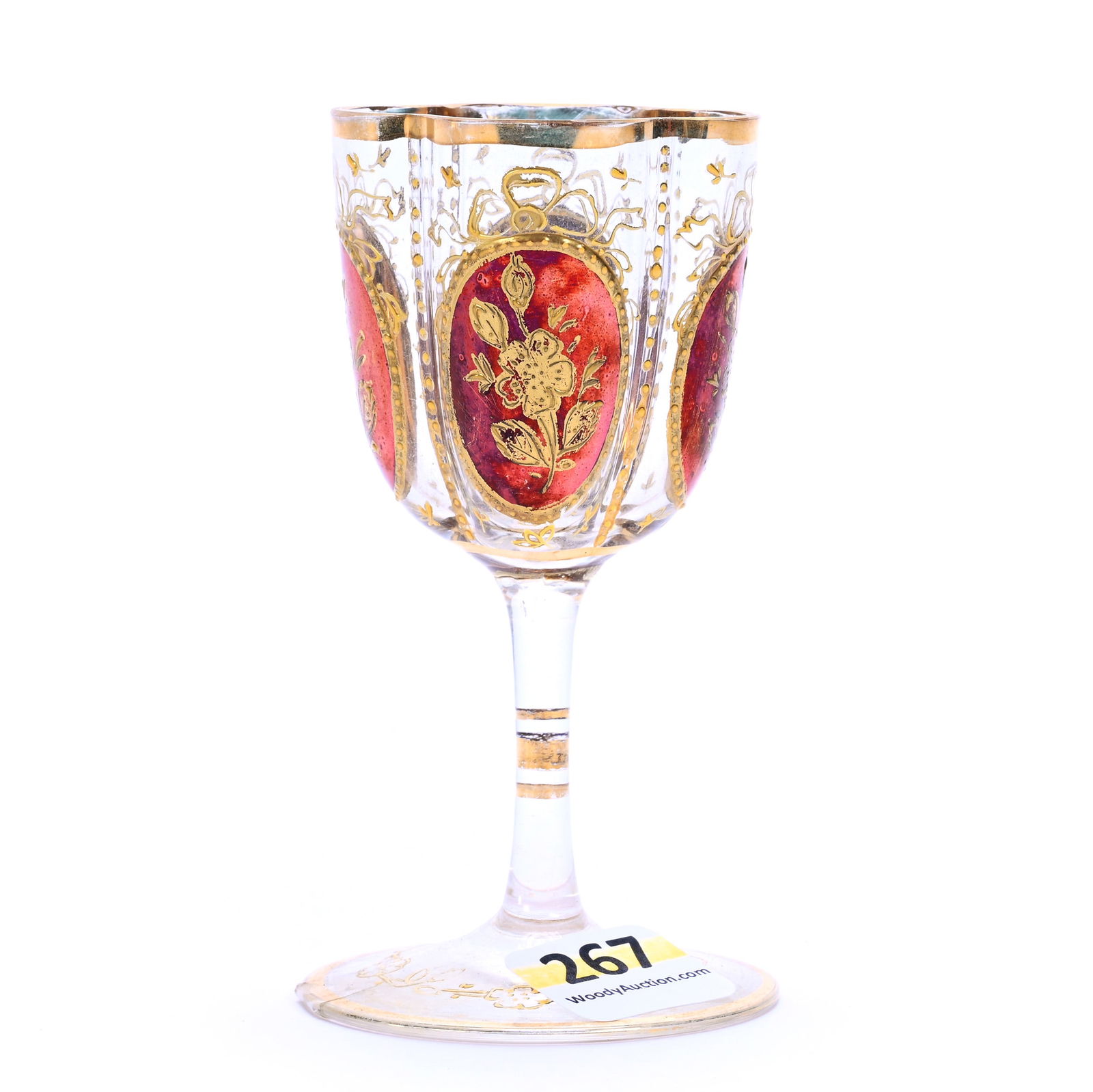 Cordial Stem, Clear Bohemian Art Glass With Iridescent Ruby Medallions: Cordial Stem, Clear Bohemian Art Glass With Iridescent Ruby Medallions, 4" x 2.25", Gold Enamel Highlights, Margaret Timm Collection, Colorado.