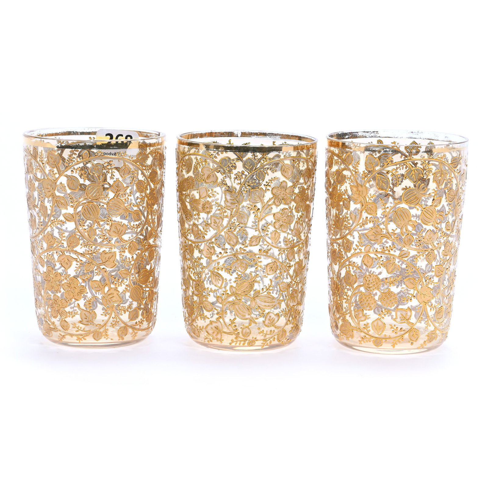 (3) Tumblers, Clear Art Glass Attributed To Moser: (3) Tumblers, Clear Art Glass Attributed To Moser, 3.75" x 2.5", Extensive Gold Enamel Floral Decor, Rim Chip On One Tumbler, Margaret Timm Collection, Colorado.