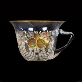Punch Cup, Clear Bohemian Art Glass, Engraved Fruit Decor, White Cutback Overlay