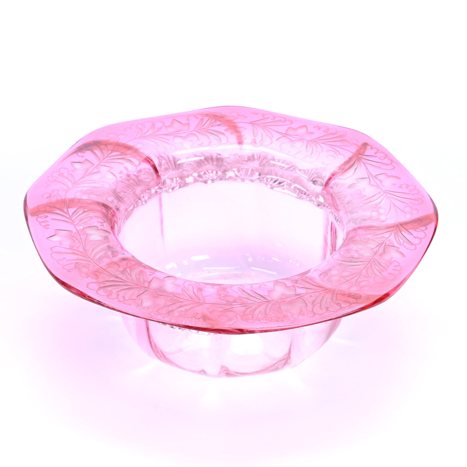 Sweetmeat Insert, Rubina Art Glass, Applied Rigaree: Sweetmeat Insert, Rubina Art Glass, Applied Rigaree, 1.75" x 5.25", Engraved Floral Border, Margaret Timm Collection, Colorado.