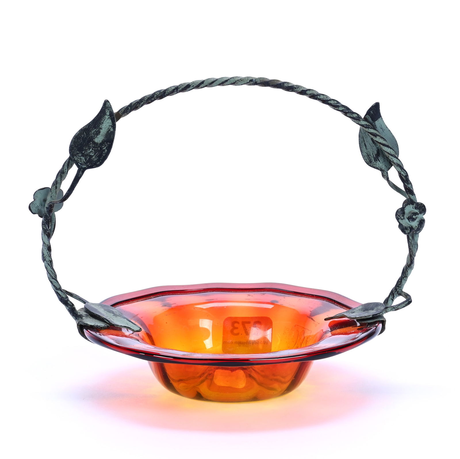 Basket, Unmarked Amberina Studio Art Glass, Patina Copper Handle Featuring Leaf Highlights: Basket, Unmarked Amberina Studio Art Glass, Patina Copper Handle Featuring Leaf Highlights, 5.25" x 5", Margaret Timm Collection, Colorado.