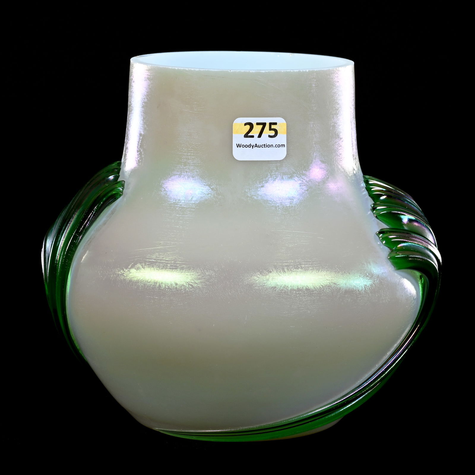 Vase, Iridescent White Body With Green Claw Design, Attributed To Kralik: Vase, Iridescent White Body With Green Claw Design, Attributed To Kralik, 6.25" x 6.75", Minor Edge Surface Nick, Margaret Timm Collection, Colorado.