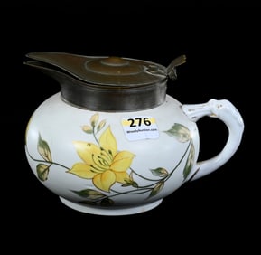 Syrup Pitcher Marked K.T.& K. China, White With Yellow Lily Decor