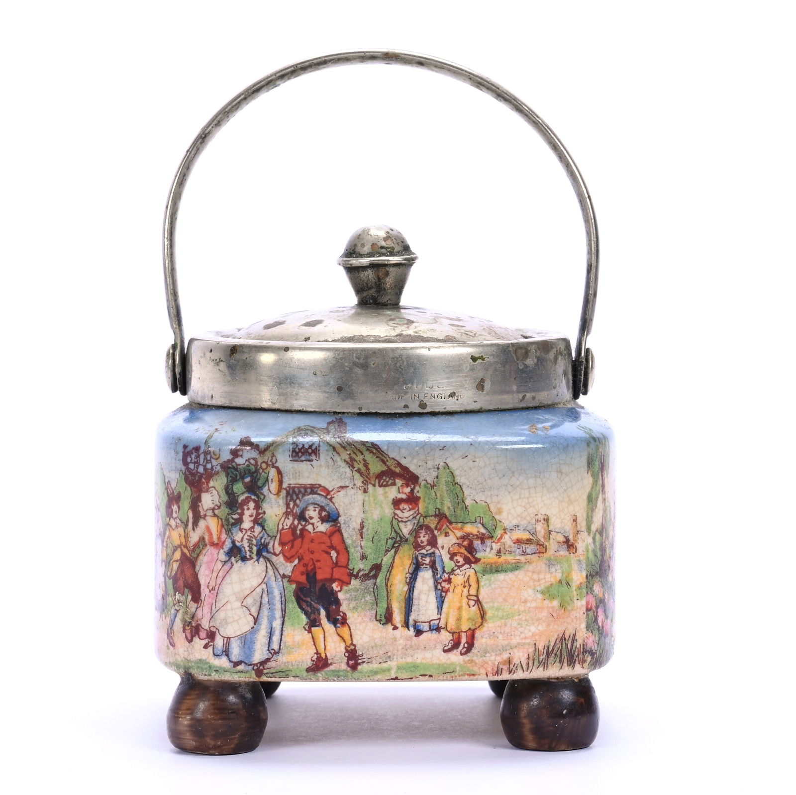 Mustard Jar Marked Made In England, Colorful Classic Village Scene: Mustard Jar Marked Made In England, Colorful Classic Village Scene, 3.5" x 3.25", Silverplate Lid And Bail, One Foot Repaired, Margaret Timm Collection, Colorado.
