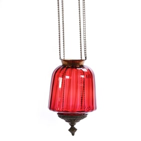 Hanging Hall Lamp, Cranberry Optic Rib Art Glass
