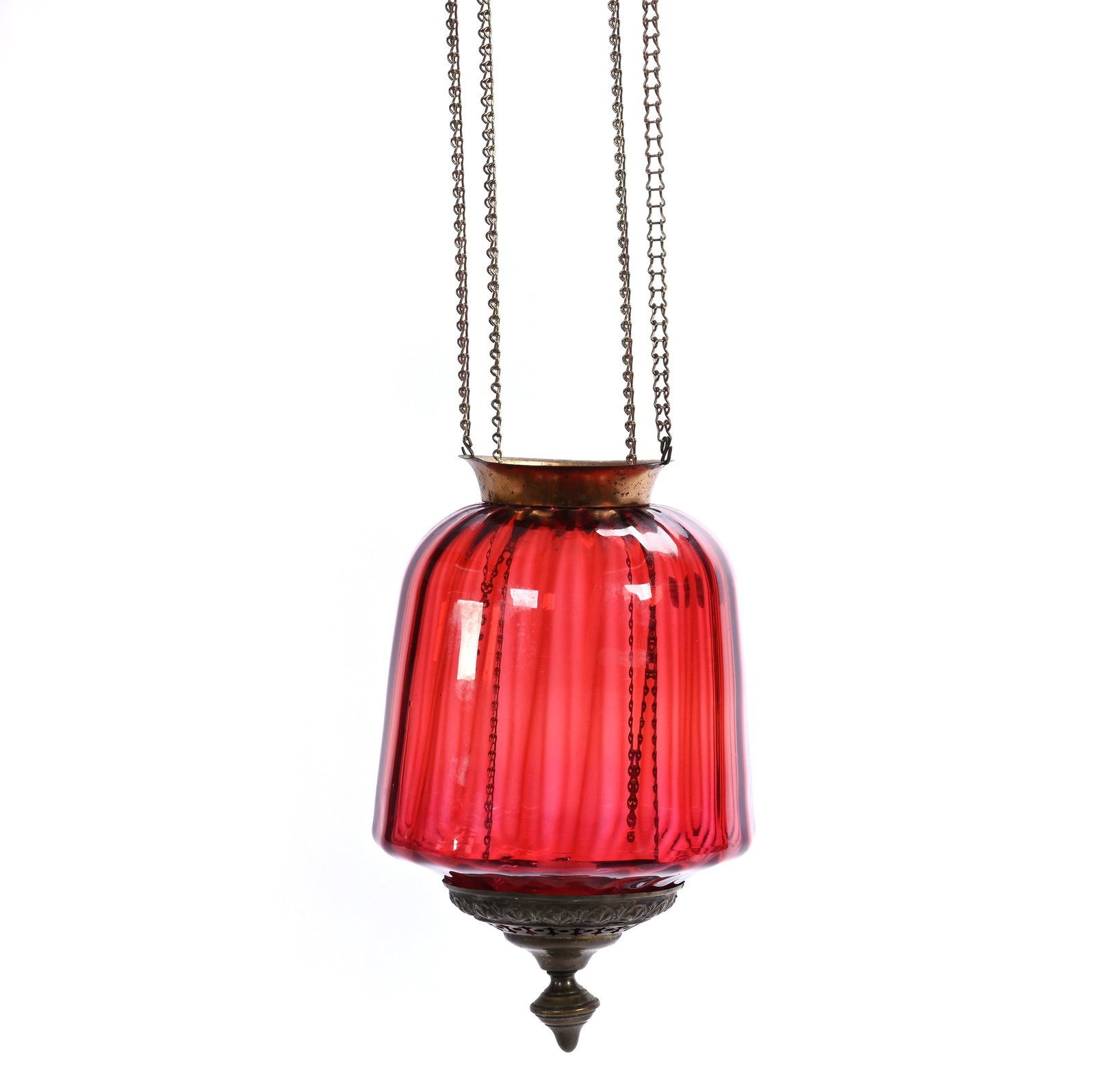 Hanging Hall Lamp, Cranberry Optic Rib Art Glass (1 of 3)