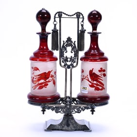 Victorian Oil And Vinegar Set On Silverplate Stand
