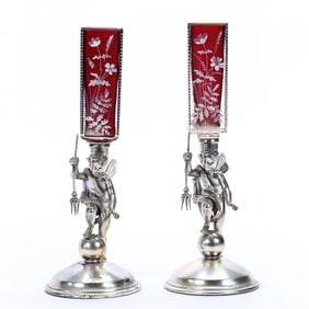 Pair Bud Vases, Cased Cranberry Square Art Glass With White Enamel Floral Decor