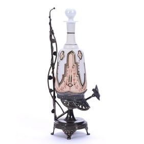 Victorian Perfume Stand, White Opaline Art Glass Bottle With Pink And Black Stencil Design