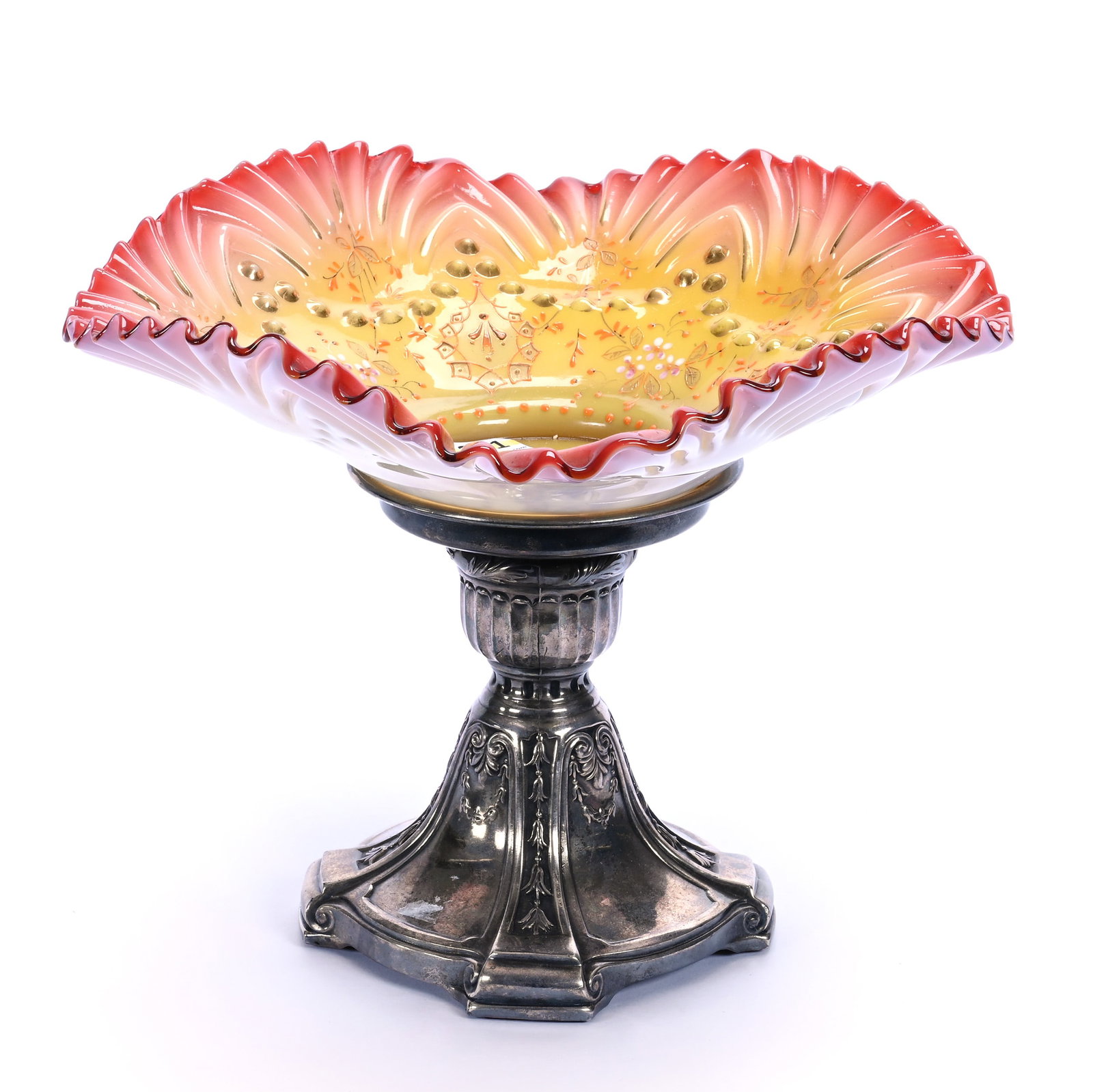 Victorian Brides Basket, Square Cased Cranberry Shading To Yellow Bowl, White Exterior (1 of 3)