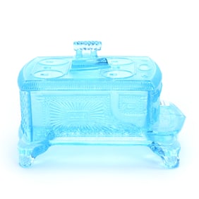 Figural Covered Candy Dish, Solid Blue Pattern Glass Attributed To L.G. Wright