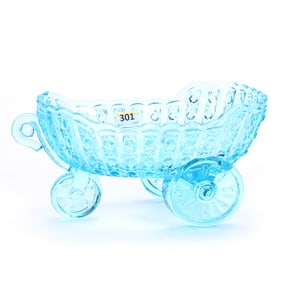 Figural Three Wheel Cart Open Candy Dish, Solid Blue Pattern Glass