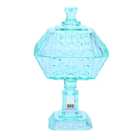 Square Covered Compote, Solid Pale Green Pattern Glass, Valencia Waffle Pattern By Adams, Circa 1885