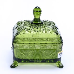 Square Covered Honey Dish With Splayed Feet, Solid Olive Green Pattern Glass